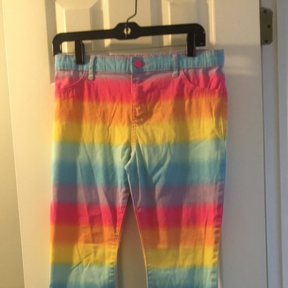NWOT Girls Rainbow Yellow & Blue Stripe Jeans S-16 - Picture 1 of 2